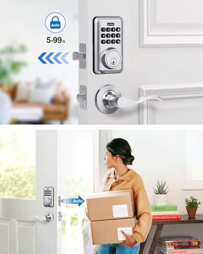 ApeStellar Keyless Entry Door Lock with 2 Lever Handles - Electronic Keypad Deadbolt - Front Door Lock Handle Sets - Auto Lock, Anti-Peeking Password, Easy Installation - Satin Nickel