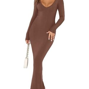 REORIA Women's Sexy Soft Lounge Ribbed Long Dress Fall Elegant Formal Wedding Guest Long Sleeve Deep V Neck Bodycon Maxi Dresses Coffee X-Small