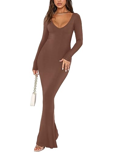 REORIA Women's Sexy Soft Lounge Ribbed Long Dress Fall Elegant Formal Wedding Guest Long Sleeve Deep V Neck Bodycon Maxi Dresses Coffee X-Small