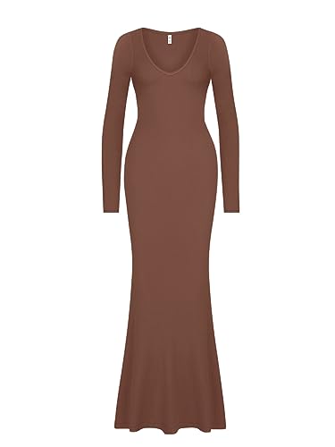 REORIA Women's Sexy Soft Lounge Ribbed Long Dress Fall Elegant Formal Wedding Guest Long Sleeve Deep V Neck Bodycon Maxi Dresses Coffee X-Small