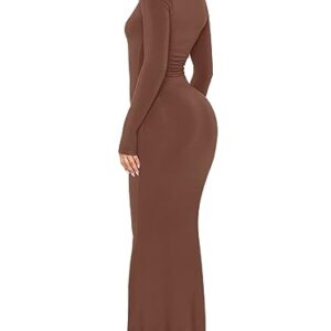 REORIA Women's Sexy Soft Lounge Ribbed Long Dress Fall Elegant Formal Wedding Guest Long Sleeve Deep V Neck Bodycon Maxi Dresses Coffee X-Small