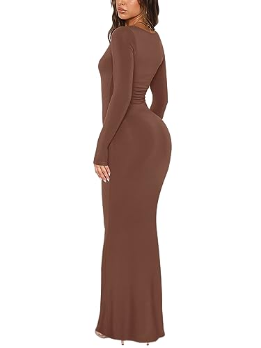 REORIA Women's Sexy Soft Lounge Ribbed Long Dress Fall Elegant Formal Wedding Guest Long Sleeve Deep V Neck Bodycon Maxi Dresses Coffee X-Small