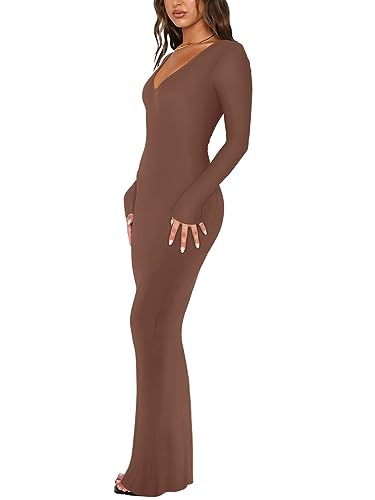 REORIA Women's Sexy Soft Lounge Ribbed Long Dress Fall Elegant Formal Wedding Guest Long Sleeve Deep V Neck Bodycon Maxi Dresses Coffee X-Small