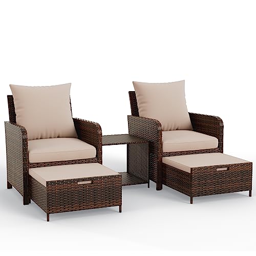 UDPATIO Balcony Furniture 5 Piece Patio Furniture Set, Outdoor Patio Chair with Ottoman for Front Porch Deck, Wicker Lounge Chair with Side Table, Khaki