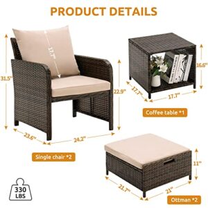 UDPATIO Balcony Furniture 5 Piece Patio Furniture Set, Outdoor Patio Chair with Ottoman for Front Porch Deck, Wicker Lounge Chair with Side Table, Khaki