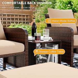 UDPATIO Balcony Furniture 5 Piece Patio Furniture Set, Outdoor Patio Chair with Ottoman for Front Porch Deck, Wicker Lounge Chair with Side Table, Khaki