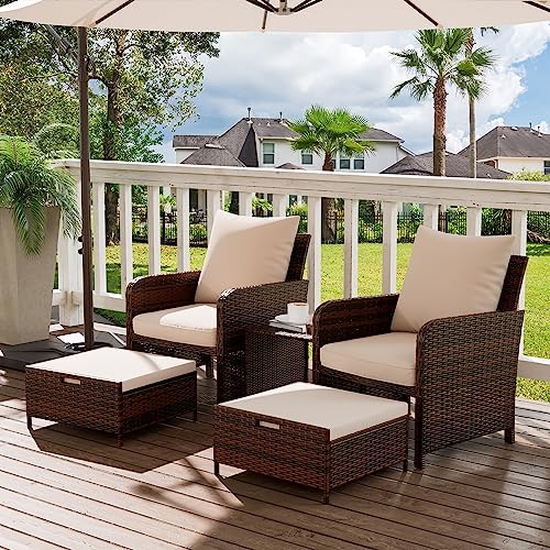 UDPATIO Balcony Furniture 5 Piece Patio Furniture Set, Outdoor Patio Chair with Ottoman for Front Porch Deck, Wicker Lounge Chair with Side Table, Khaki