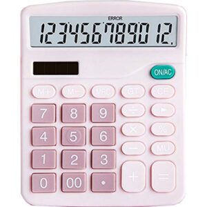 dexin pink office desk calculator, 12-bit solar battery dual power standard function electronic calculator with large lcd display (1pack，pink)