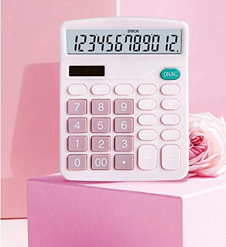 DEXIN Pink Office Desk Calculator, 12-bit Solar Battery Dual Power Standard Function Electronic Calculator with Large LCD Display (1PACK，Pink)