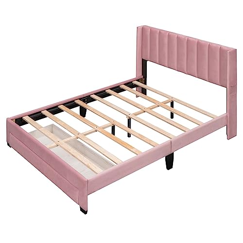 Queen Size Platform Bed Frame with Upholstered Headboard & Storage Drawer, Sturdy Wooden Slats Support / No Box Spring Required / Easy to Assembly for Bedroom Small Living Space Boys Girls Adults Room