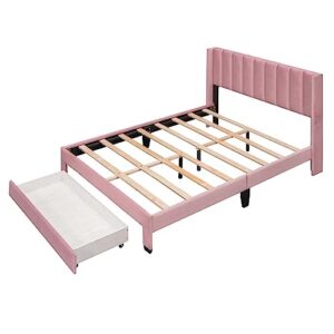 Queen Size Platform Bed Frame with Upholstered Headboard & Storage Drawer, Sturdy Wooden Slats Support / No Box Spring Required / Easy to Assembly for Bedroom Small Living Space Boys Girls Adults Room