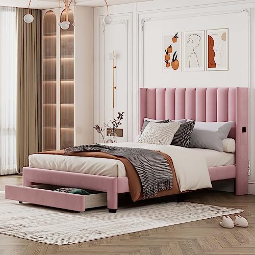 Queen Size Platform Bed Frame with Upholstered Headboard & Storage Drawer, Sturdy Wooden Slats Support / No Box Spring Required / Easy to Assembly for Bedroom Small Living Space Boys Girls Adults Room