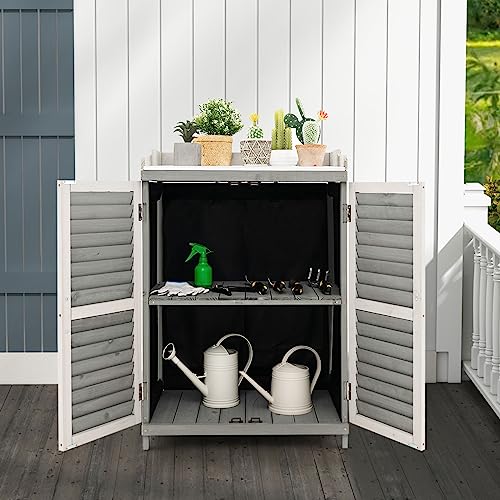 Goplus Outdoor Potting Bench Table, Garden Storage Cabinet w/Metal Tabletop, Roll-up Side Door, Solid Wood Potting Workstation for Garden, Patio, Grey