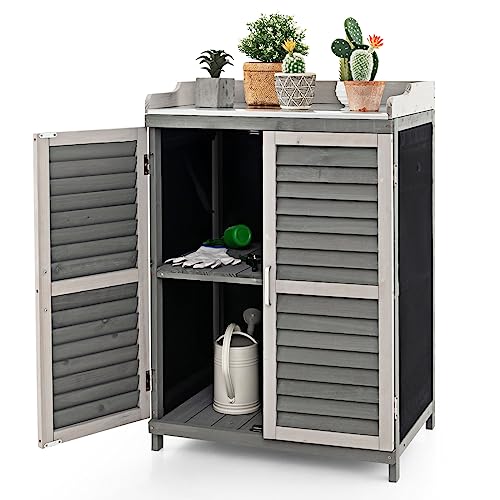 Goplus Outdoor Potting Bench Table, Garden Storage Cabinet w/Metal Tabletop, Roll-up Side Door, Solid Wood Potting Workstation for Garden, Patio, Grey