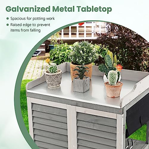 Goplus Outdoor Potting Bench Table, Garden Storage Cabinet w/Metal Tabletop, Roll-up Side Door, Solid Wood Potting Workstation for Garden, Patio, Grey