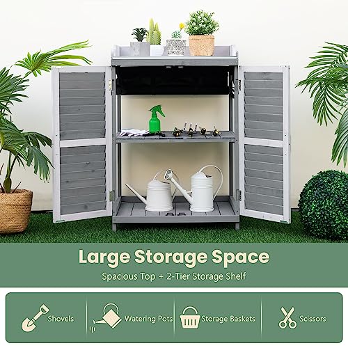 Goplus Outdoor Potting Bench Table, Garden Storage Cabinet w/Metal Tabletop, Roll-up Side Door, Solid Wood Potting Workstation for Garden, Patio, Grey