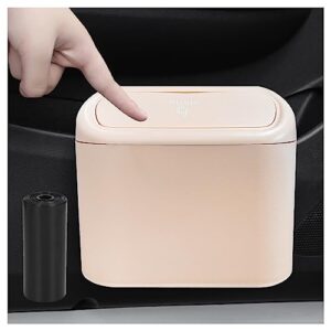 kewucn mini car trash can bin with lid, portable auto garbage can with 15 pcs trash bags, universal hanging leakproof vehicle organizer storage for car, office, bedroom, home (pink)