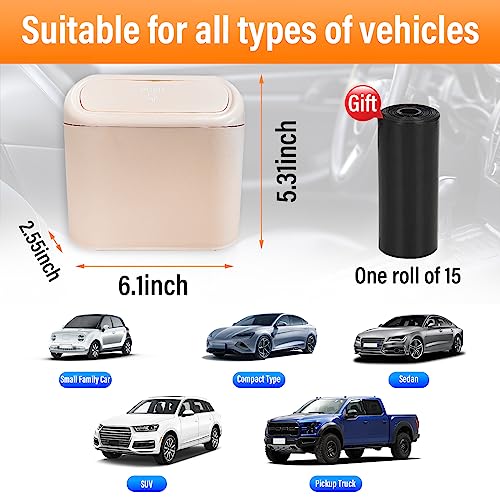 Kewucn Mini Car Trash Can Bin with Lid, Portable Auto Garbage Can with 15 PCS Trash Bags, Universal Hanging Leakproof Vehicle Organizer Storage for Car, Office, Bedroom, Home (Pink)