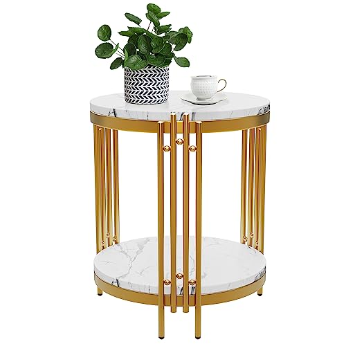 Aklaus Round End Table,Round Side Table with White Faux Marble Top,Bed Side Table/NightStand with Storage Shelves,Gold Side Table End Table Indoor for Living Room Bedroom Balcony SofaCouch Hall