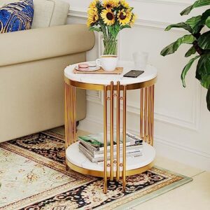 Aklaus Round End Table,Round Side Table with White Faux Marble Top,Bed Side Table/NightStand with Storage Shelves,Gold Side Table End Table Indoor for Living Room Bedroom Balcony SofaCouch Hall