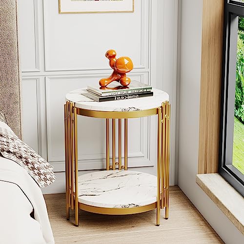 Aklaus Round End Table,Round Side Table with White Faux Marble Top,Bed Side Table/NightStand with Storage Shelves,Gold Side Table End Table Indoor for Living Room Bedroom Balcony SofaCouch Hall