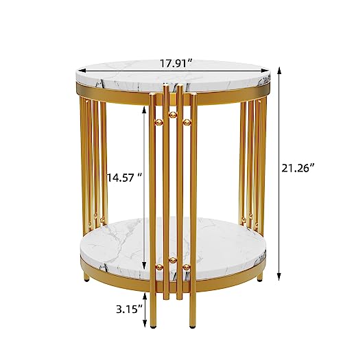 Aklaus Round End Table,Round Side Table with White Faux Marble Top,Bed Side Table/NightStand with Storage Shelves,Gold Side Table End Table Indoor for Living Room Bedroom Balcony SofaCouch Hall