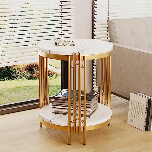 Aklaus Round End Table,Round Side Table with White Faux Marble Top,Bed Side Table/NightStand with Storage Shelves,Gold Side Table End Table Indoor for Living Room Bedroom Balcony SofaCouch Hall