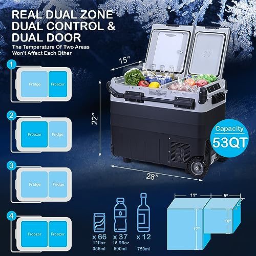 IDEALHOUSE 12 Volt Refrigerator, 53 QT(50L) RV Refrigerator, Car Fridge Dual Zone WIFI APP Control, -4℉ to 50℉, Car Fridge with 12/24V DC and 110-240V AC, Compressor Cooler for Car Travel or Home Use