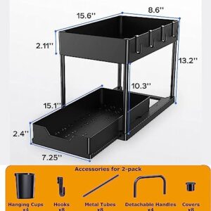 2 Tier Under Sink Organizer, 2 Pack Sliding Bathroom Organizer with Hooks, Hanging Cups, Handles - Multi-purpose Cabinet Organizer for Bathroom Kitchen