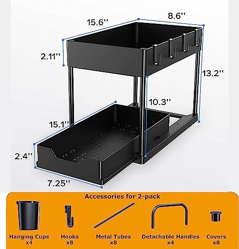 2 Tier Under Sink Organizer, 2 Pack Sliding Bathroom Organizer with Hooks, Hanging Cups, Handles - Multi-purpose Cabinet Organizer for Bathroom Kitchen