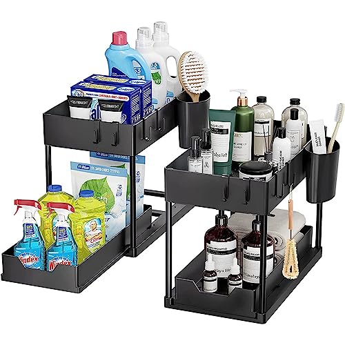 2 Tier Under Sink Organizer, 2 Pack Sliding Bathroom Organizer with Hooks, Hanging Cups, Handles - Multi-purpose Cabinet Organizer for Bathroom Kitchen