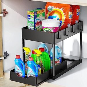 2 Tier Under Sink Organizer, 2 Pack Sliding Bathroom Organizer with Hooks, Hanging Cups, Handles - Multi-purpose Cabinet Organizer for Bathroom Kitchen