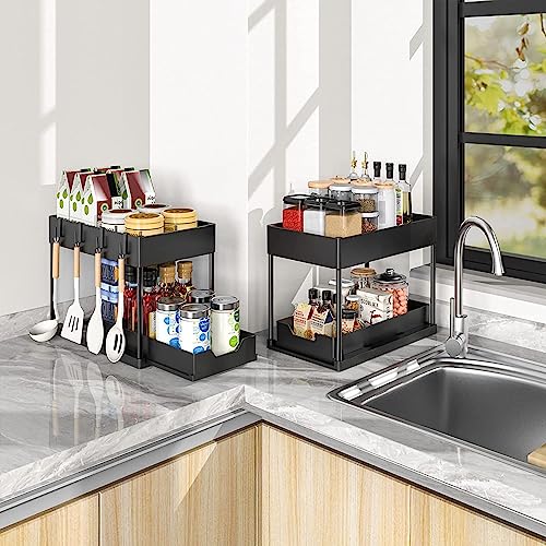 2 Tier Under Sink Organizer, 2 Pack Sliding Bathroom Organizer with Hooks, Hanging Cups, Handles - Multi-purpose Cabinet Organizer for Bathroom Kitchen