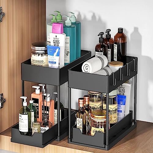 2 Tier Under Sink Organizer, 2 Pack Sliding Bathroom Organizer with Hooks, Hanging Cups, Handles - Multi-purpose Cabinet Organizer for Bathroom Kitchen