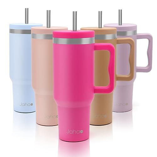 Jahao 40 oz Hot Pink Tumbler with Handle and Straw - Insulated Tumblers with Lid and Straw, Stainless Steel Water Bottle Insulated Cup Travel Coffee Mug Spill Proof Leak Proof Outdoor Sports(1 Pack)