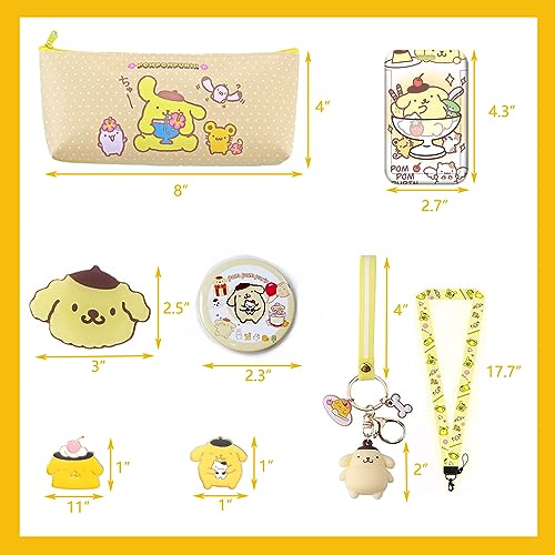 Cute Pompompurin School Supplies Set Kawaii Office Supplies Gift Set Including Gel Ink Roller Pens Stickers Pencil Case ID Badge Stickers Button Pins Key Chain Phone Ring Holder