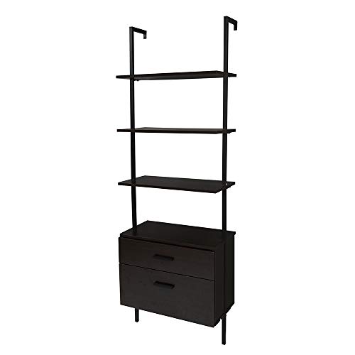 Husyop Industrial Bookshelf, Wood Ladder Bookshelf with 4-Tier and 2 Drawers,Metal Frame Storage Shelves Bookcase for Living Room Bedroom and Office (Brown/Black)