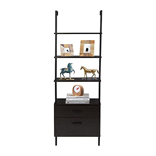 Husyop Industrial Bookshelf, Wood Ladder Bookshelf with 4-Tier and 2 Drawers,Metal Frame Storage Shelves Bookcase for Living Room Bedroom and Office (Brown/Black)