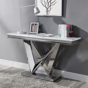 bowery hill modern metal pedestal console table in chrome finish