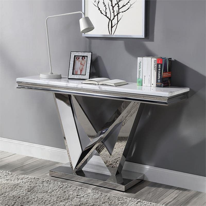 Bowery Hill Modern Metal Pedestal Console Table in Chrome Finish