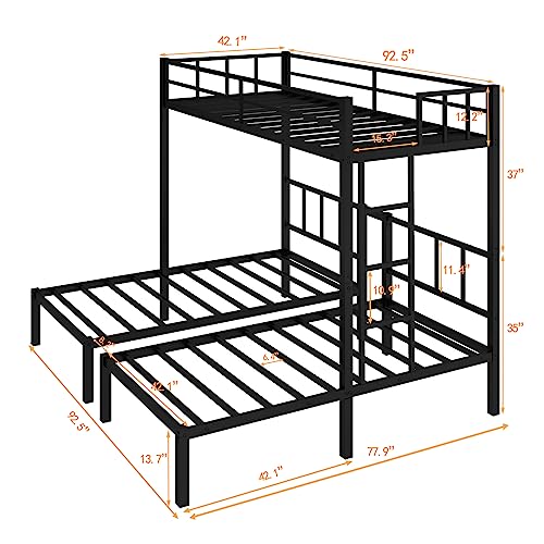 HAUSHECK Triple Bunk Bed for 3 Kids, Teen & Adults, Twin Over Twin Bunk Beds, Divided into 3 Separate Bed, Metal Triple Twin Bunkbeds with Safety Guardrails & Ladder, No Box Spring Needed