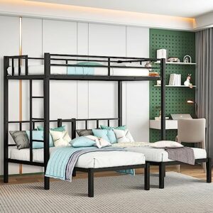 hausheck triple bunk bed for 3 kids, teen & adults, twin over twin bunk beds, divided into 3 separate bed, metal triple twin bunkbeds with safety guardrails & ladder, no box spring needed