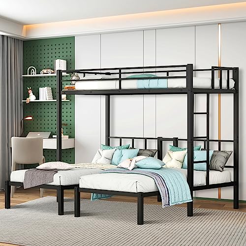 HAUSHECK Triple Bunk Bed for 3 Kids, Teen & Adults, Twin Over Twin Bunk Beds, Divided into 3 Separate Bed, Metal Triple Twin Bunkbeds with Safety Guardrails & Ladder, No Box Spring Needed