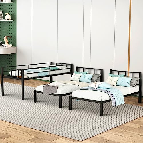 HAUSHECK Triple Bunk Bed for 3 Kids, Teen & Adults, Twin Over Twin Bunk Beds, Divided into 3 Separate Bed, Metal Triple Twin Bunkbeds with Safety Guardrails & Ladder, No Box Spring Needed