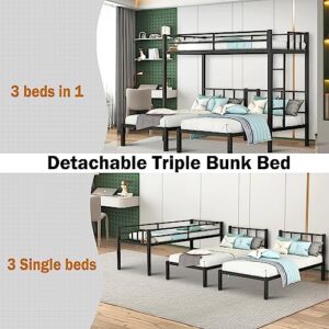 HAUSHECK Triple Bunk Bed for 3 Kids, Teen & Adults, Twin Over Twin Bunk Beds, Divided into 3 Separate Bed, Metal Triple Twin Bunkbeds with Safety Guardrails & Ladder, No Box Spring Needed