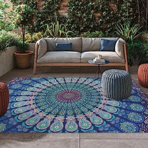 Outdoor Rugs Mandala Flower Reversible Mats Non Slip Carpet Indoor Outdoor Area Rug with Rubber Floral Pattern Non-Slip Outdoor Carpet Camping RV Rug/Deck Rug/Porch Rug 6x9 ft