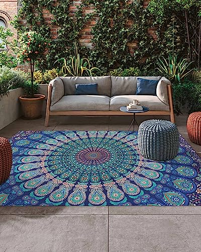 Outdoor Rugs Mandala Flower Reversible Mats Non Slip Carpet Indoor Outdoor Area Rug with Rubber Floral Pattern Non-Slip Outdoor Carpet Camping RV Rug/Deck Rug/Porch Rug 6x9 ft