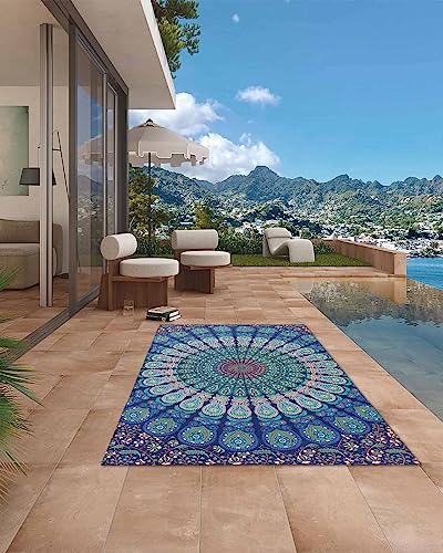 Outdoor Rugs Mandala Flower Reversible Mats Non Slip Carpet Indoor Outdoor Area Rug with Rubber Floral Pattern Non-Slip Outdoor Carpet Camping RV Rug/Deck Rug/Porch Rug 6x9 ft