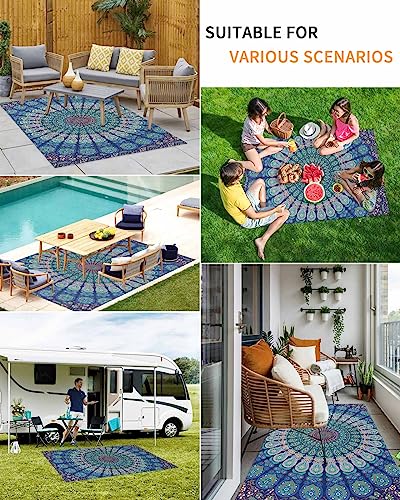 Outdoor Rugs Mandala Flower Reversible Mats Non Slip Carpet Indoor Outdoor Area Rug with Rubber Floral Pattern Non-Slip Outdoor Carpet Camping RV Rug/Deck Rug/Porch Rug 6x9 ft