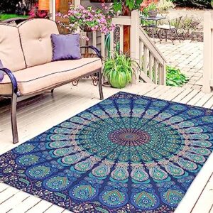 Outdoor Rugs Mandala Flower Reversible Mats Non Slip Carpet Indoor Outdoor Area Rug with Rubber Floral Pattern Non-Slip Outdoor Carpet Camping RV Rug/Deck Rug/Porch Rug 6x9 ft